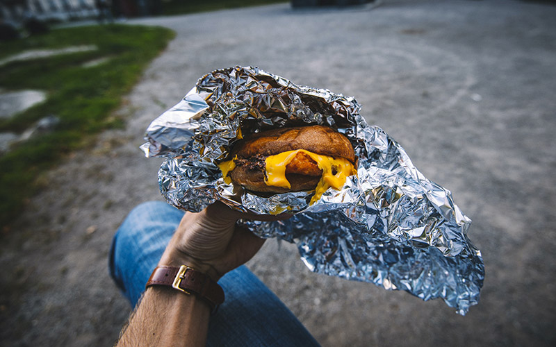 cheeseburger in an aluminum foil