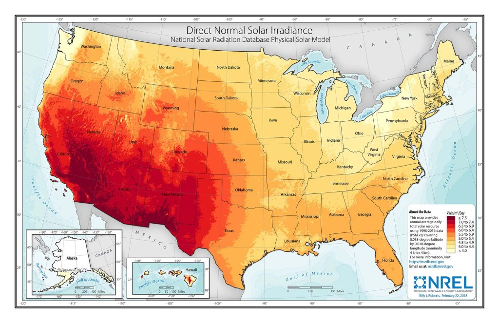 direct normal solar irradiance US map