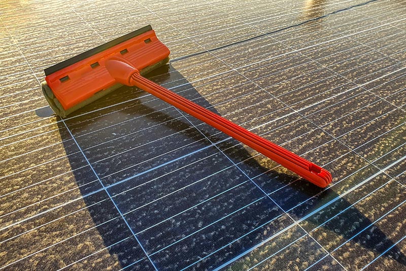 a red cleaning brush on a dusty solar panel