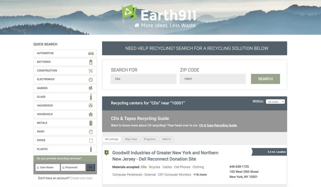 earth911 cd recycling program online search