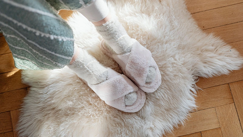 feet in pink fluffy slippers