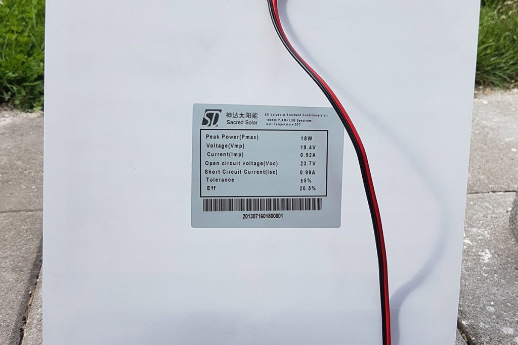 specification sheet on the back of the flexible solar panel