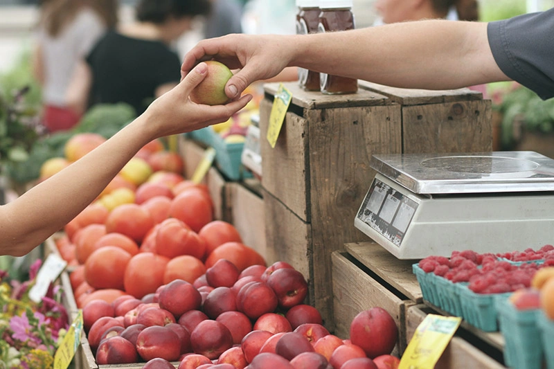a shopper holding an apple at the farmers market