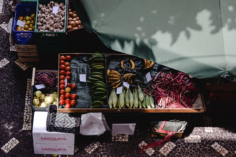 fruits and vegetables sold on a street market