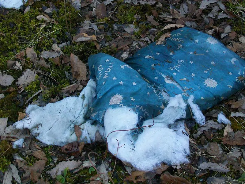 old ripped pillow on the ground with polyester filling showing