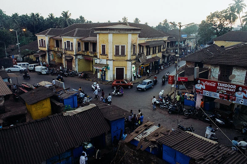 City district with old buildings and shops