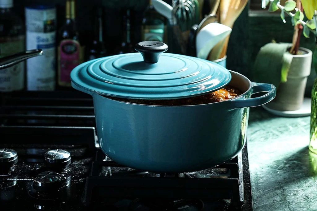 porcelain enamel pot on a stove