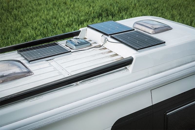 portable solar panels on a roof of an RV