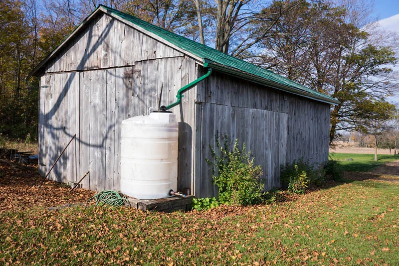 rainwater collection system in the farm garden showing one of the many rainwater harvesting benefits of not requiring energy