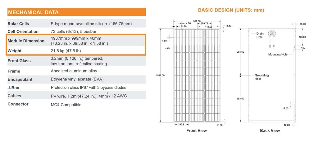 solar panel size and weight data sheet