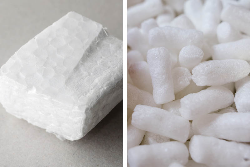 a small styrofoam block and white packaging peanuts