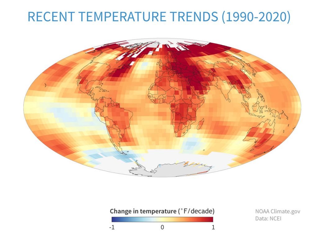 a world map showing surface temperature trend from 1990 to 2020