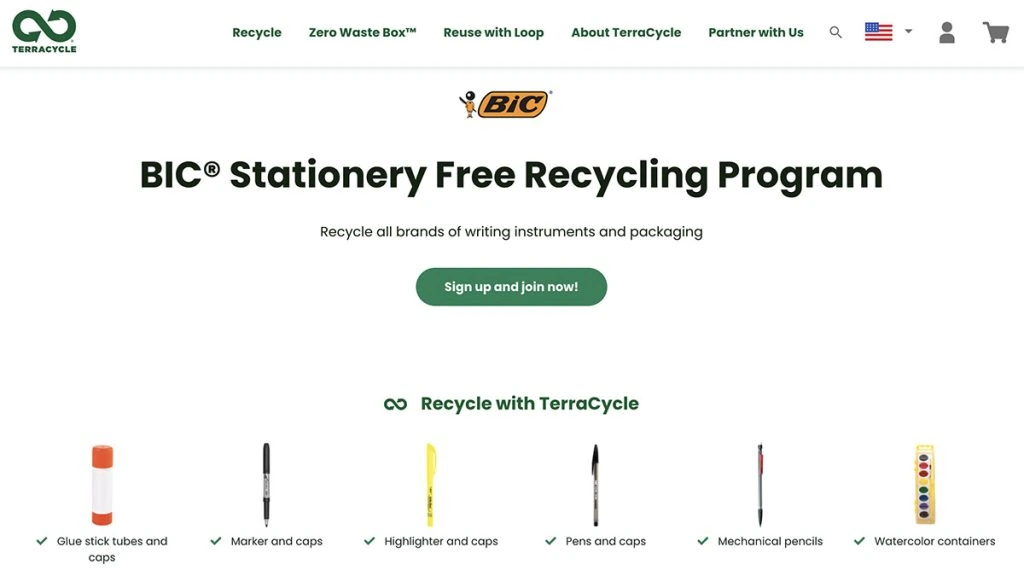 terracycle bic recycling program webpage screenshot