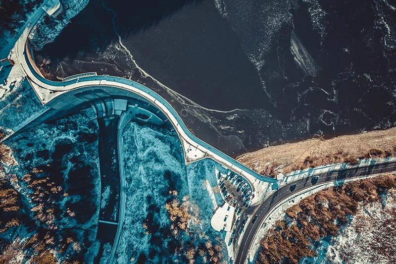 top view of the hydroelectric dam during the winter