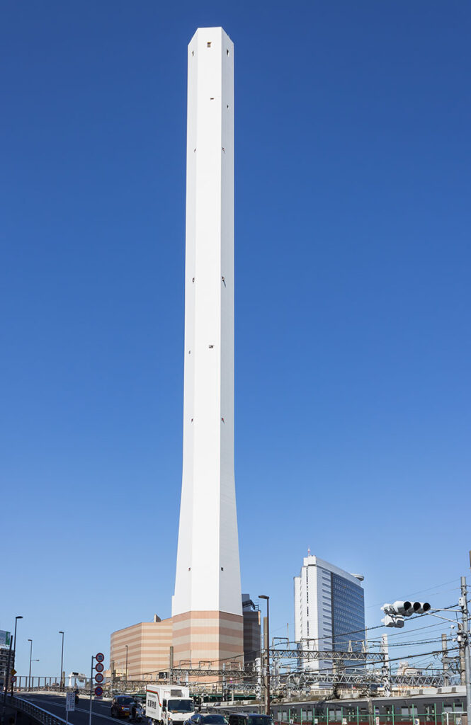an industrial chimney of the Toshima incineration plant