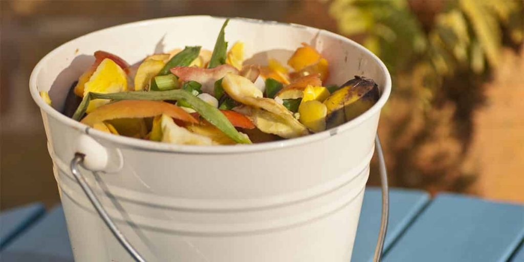 food scraps in a trash bin with no liner