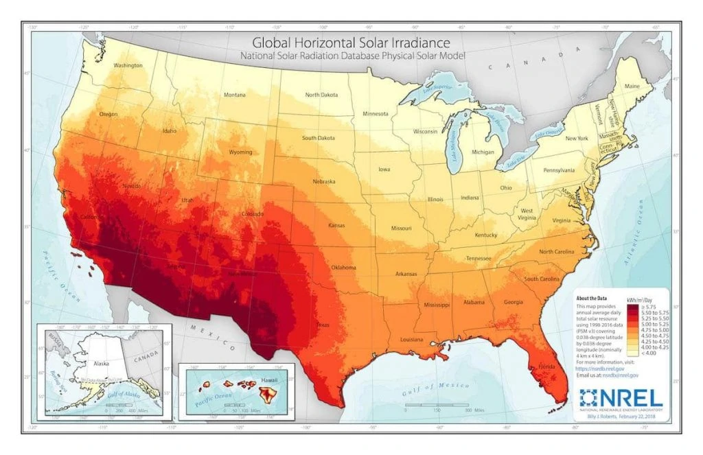 US annual horizontal irradiance map